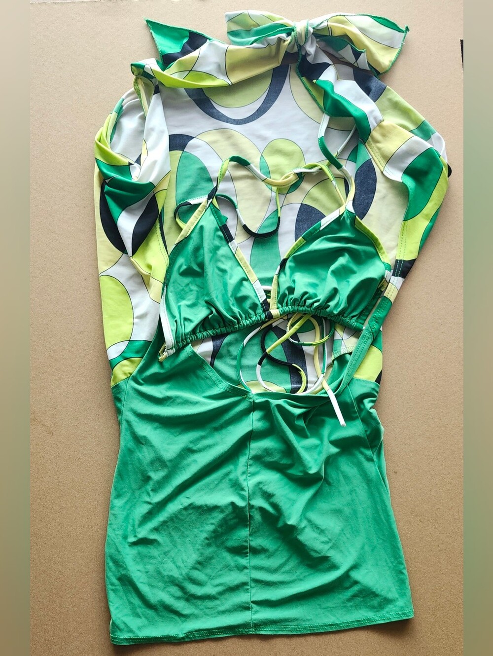 Green Cutout Halter Top with Geometric Accents